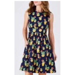 Emily and Fin Navy Blue Cactus Print Cotton Fit & Flare Retro Dress XXL NEW